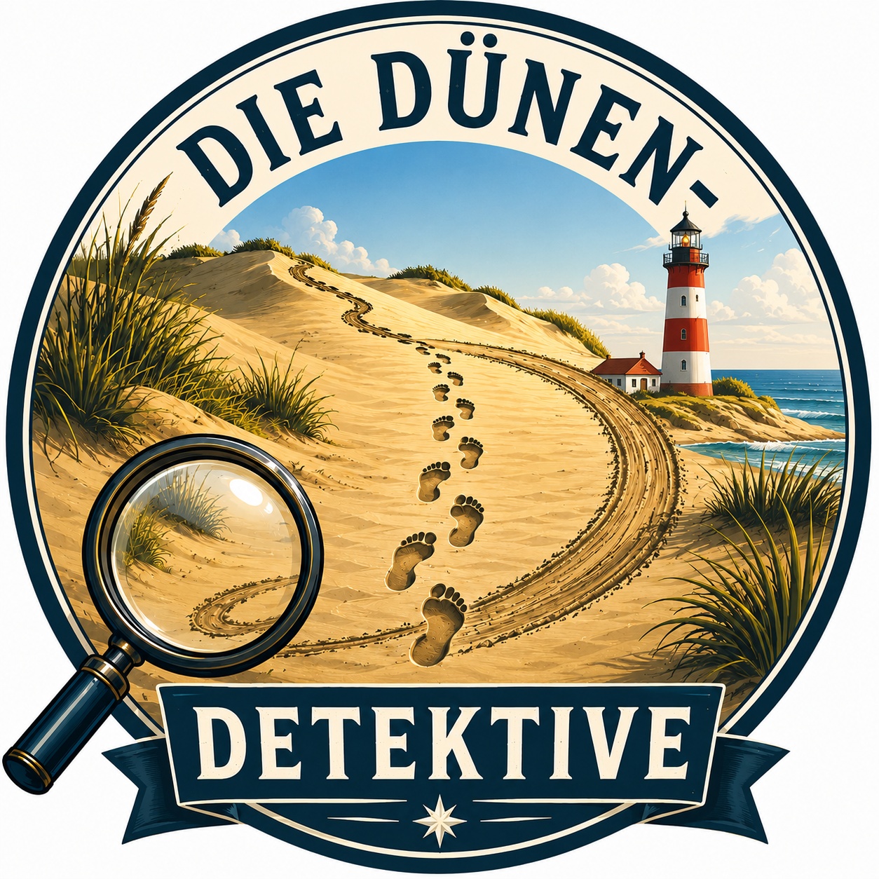 Logo der Dünen-Detektive mit Leuchtturm, Fußspuren und Lupe